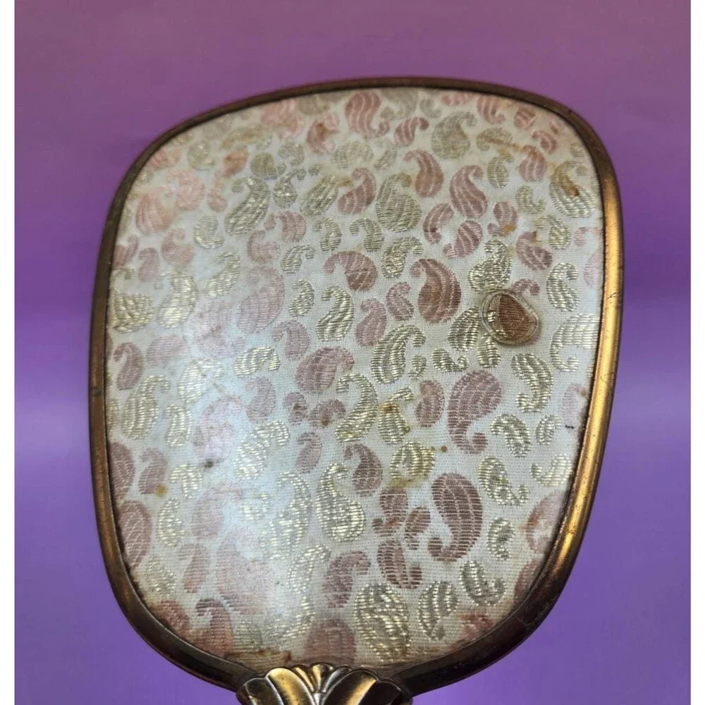 Mid-Century Gold-Tone Hand Mirror & Hairbrush Set Metallic Paisley Fabric Backs